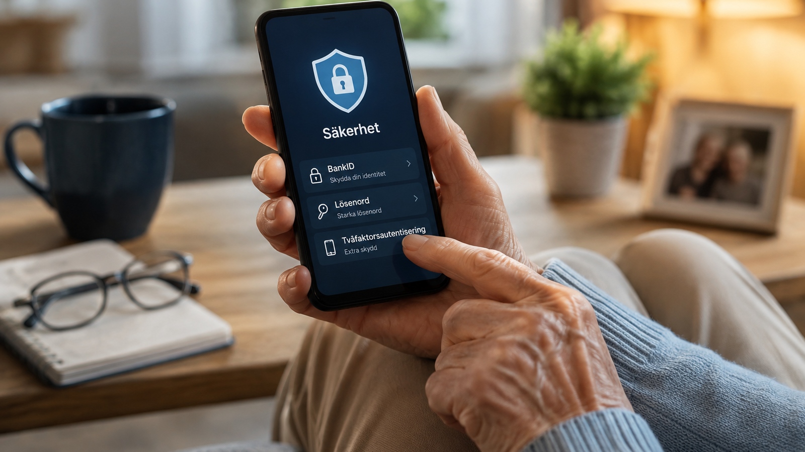 En äldre person använder mobilens säkerhetsfunktioner