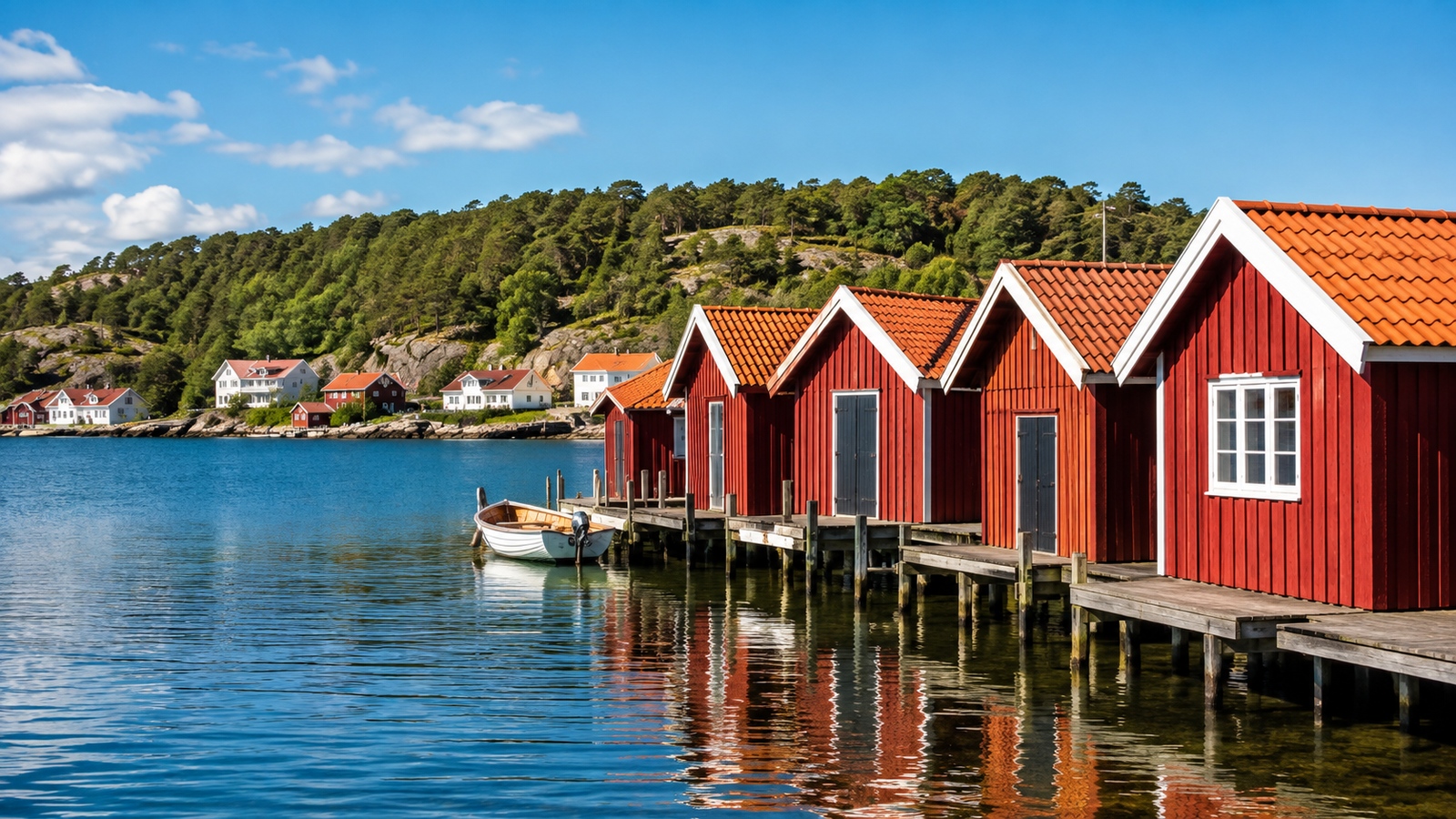 Röda stugor vid svensk kust