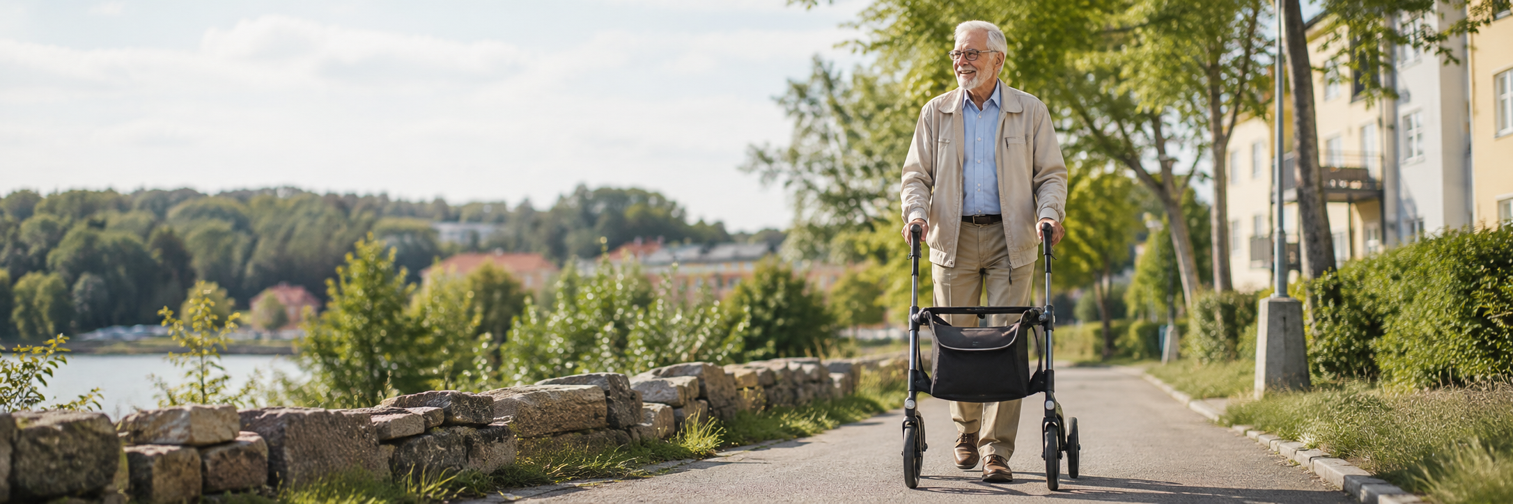 Glad pensionär som är ute och går med en rullator